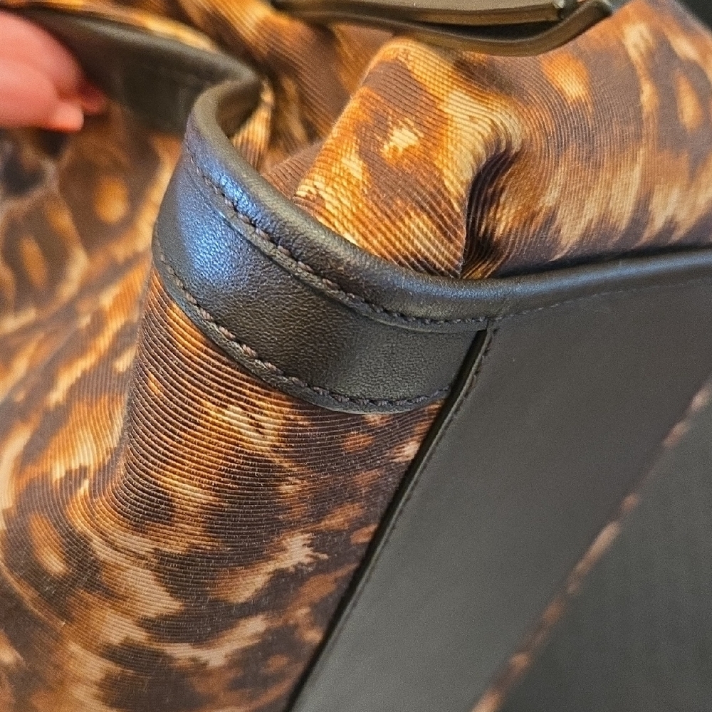 Coach Leopard Print Shoulder Bag Brown Tan Animal Print Tote Purse Leather Trim - Picture 9 of 16